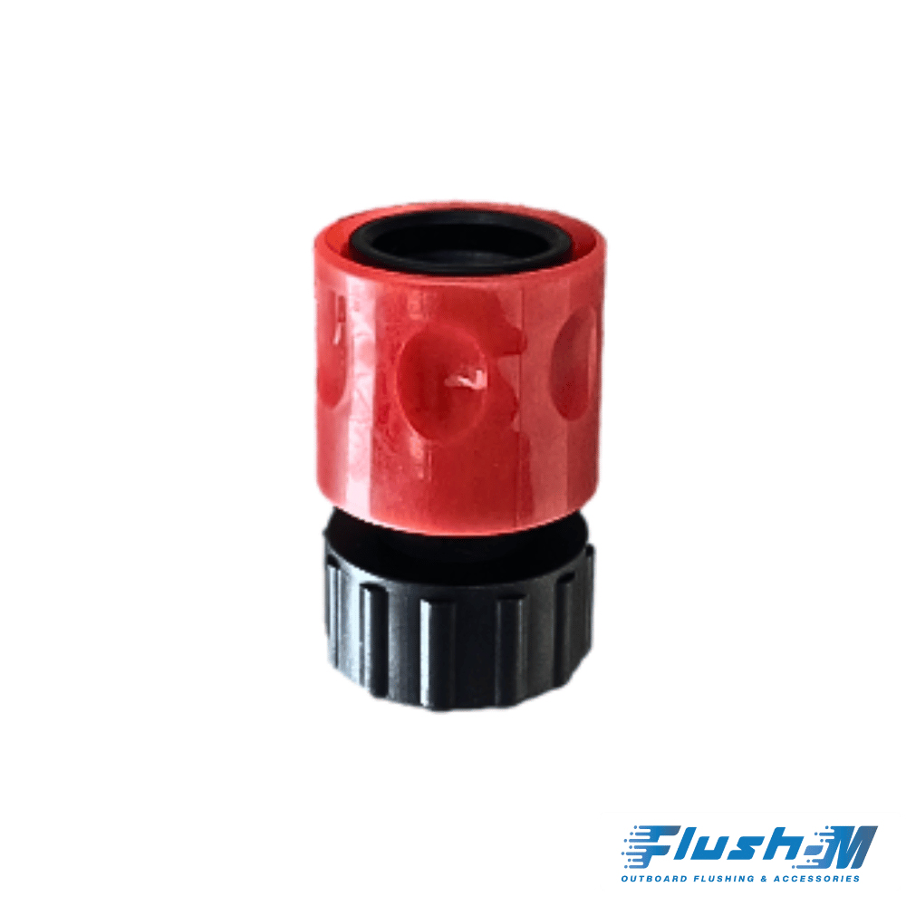Close-up of the Flush-M™ Replacement Red 3/4" hose quick connect detailing its gasket and valve.